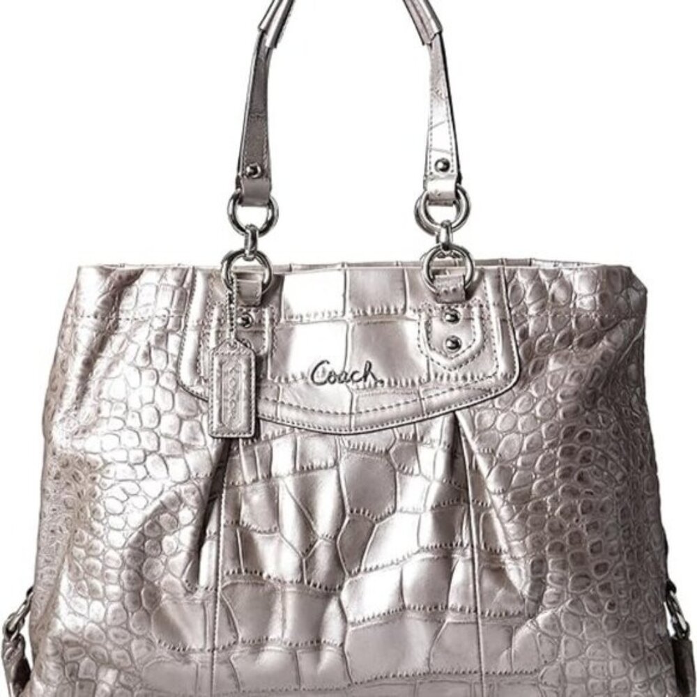 Euc Coach Ashley Crocodile Embossed Silver Leather Shoulder Bag